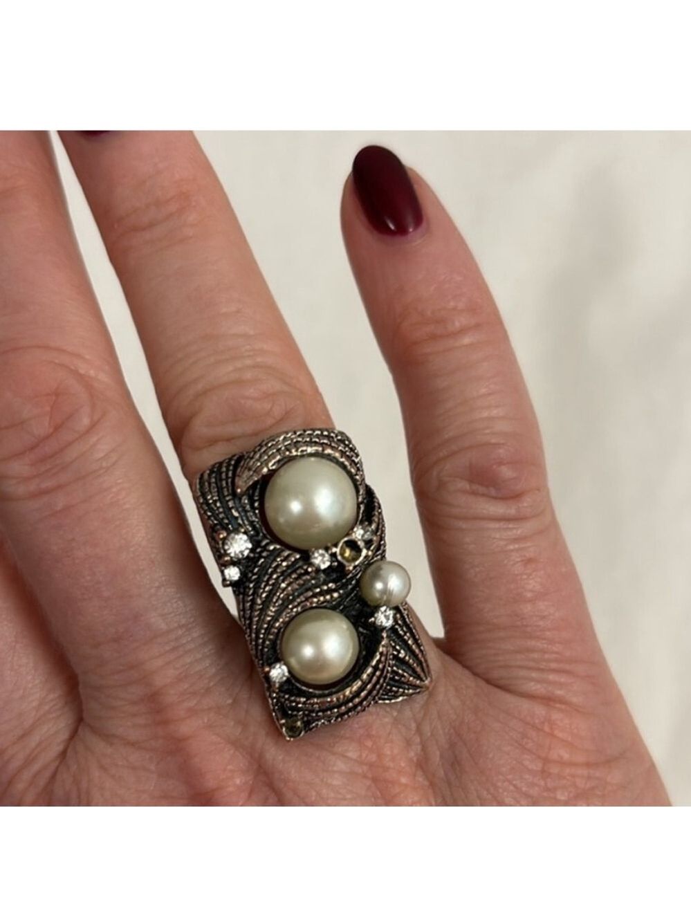 Faux Pearl Rhinestone Ring silver tone swirl design cocktail ring adjustable